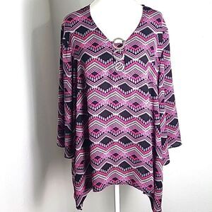 Cato Pink & Black Blouse with Geometric Designs, 3 Silver Circles, Size 18/20W